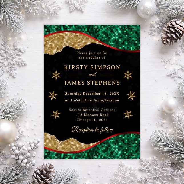 Elegant Green Red & Gold Snowflake Wedding Invitation (Creator Uploaded)