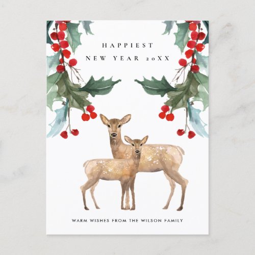 ELEGANT GREEN RED HOLLY BERRY DEER DUO NEW YEAR HOLIDAY POSTCARD