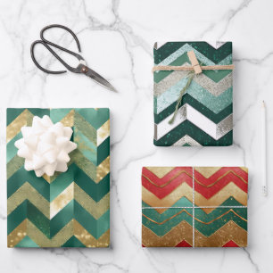 Elegant Green Red Metallic Silver Chevron Pattern Wrapping Paper Sheets
