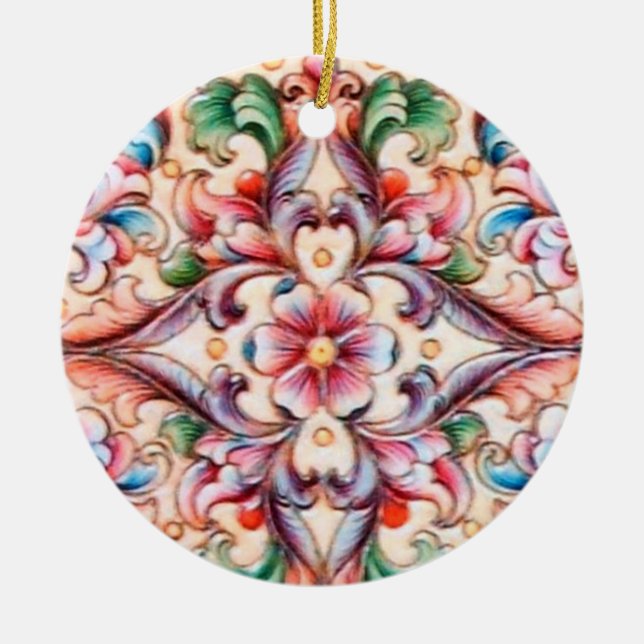 ELEGANT GREEN RED PINK BLUE FLORAL FANTASY CERAMIC ORNAMENT (Front)