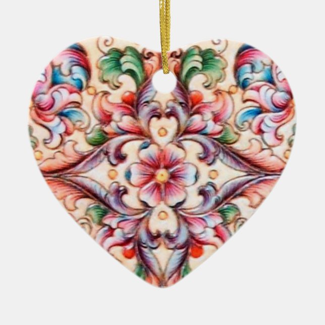 ELEGANT GREEN RED PINK BLUE FLORAL FANTASY CERAMIC ORNAMENT (Front)