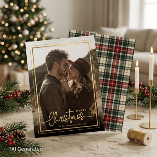 Elegant Green & Red Plaid Christmas Couple Photo Foil Holiday Card