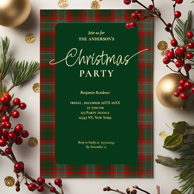 Elegant Green Red Plaid Christmas Party  Foil Invitation (Creator Uploaded)