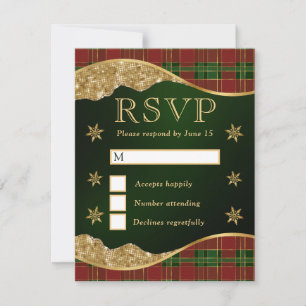 Elegant Green & Red Plaid Snowflake Wedding RSVP Card