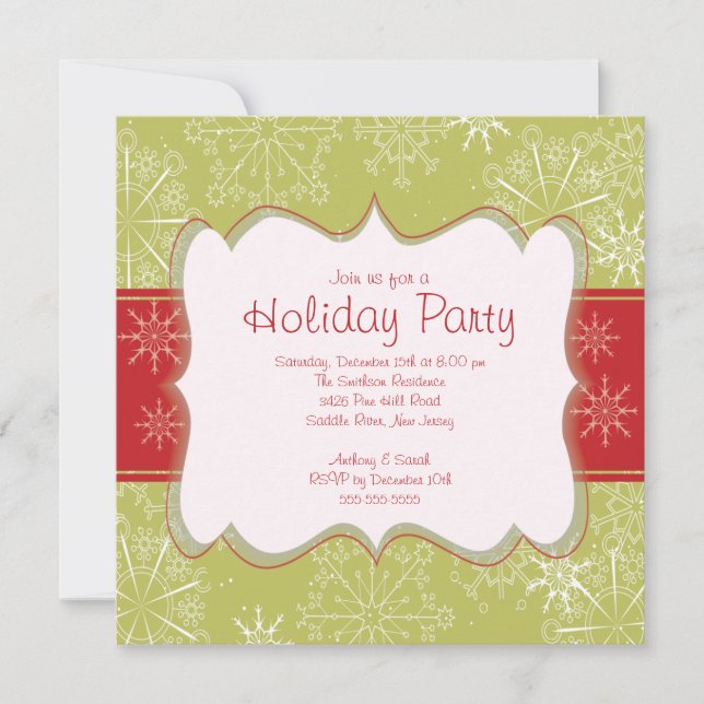 Elegant Green & Red Snowflakes Holiday Party Invitation (Front)