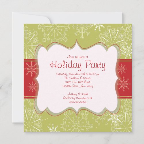 Elegant Green  Red Snowflakes Holiday Party Invitation