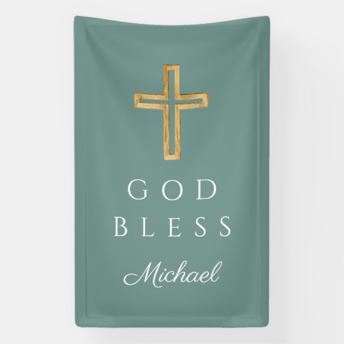 Elegant Green Religious Cross God Bless Banner