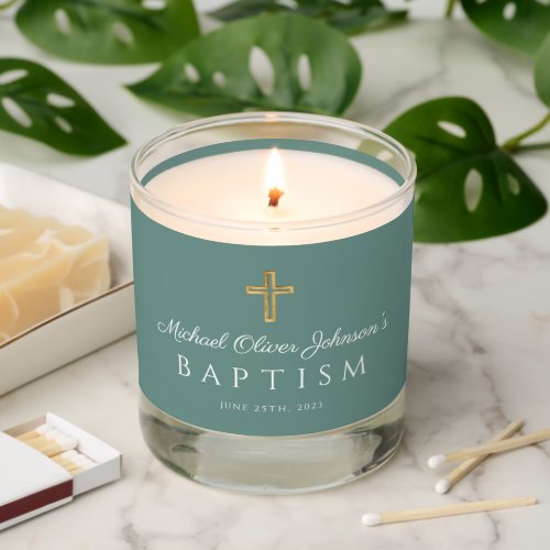 Elegant Green Religious Wood Cross Boy Baptism Scented Candle