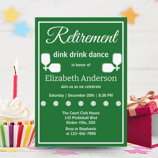 Elegant Green Retirement Pickleball Paddle Party Invitation (Creator Uploaded)