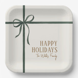 Elegant Green Ribbon Happy Holidays Paper Plates