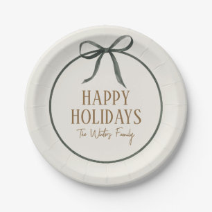 Elegant Green Ribbon Happy Holidays Paper Plates