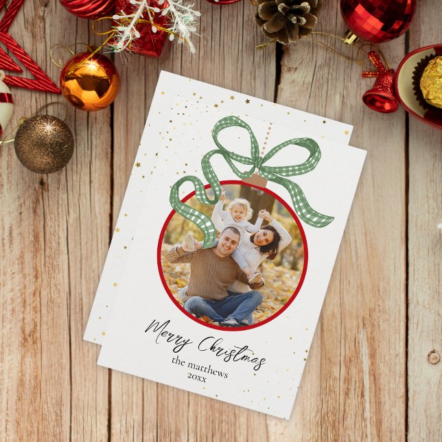 Elegant Green Ribbon Photo Christmas Card (Creator Uploaded)