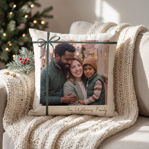 Elegant Green Ribbon Photo Throw Pillow