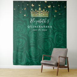 Elegant Green Rose Gold Black Birthday Photo Tapestry