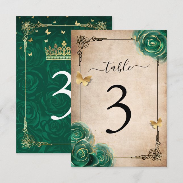 Elegant Green Rose Gold Black Table Number Cards  (Front/Back)