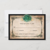 Elegant Green Rose Gold Black Watercolor Wedding RSVP Card (Front)