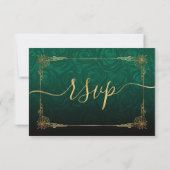 Elegant Green Rose Gold Black Watercolor Wedding RSVP Card (Back)