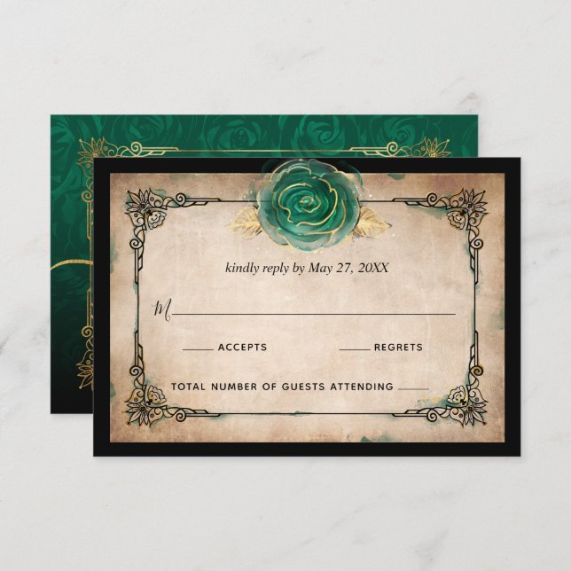 Elegant Green Rose Gold Black Watercolor Wedding RSVP Card (Front/Back)