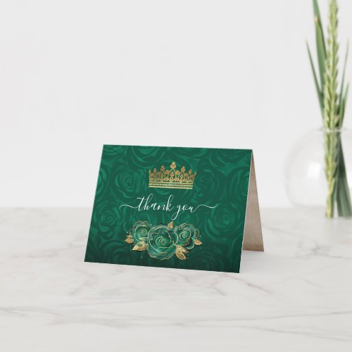 Elegant Green Rose Gold Crown Watercolor Folded Thank You Card