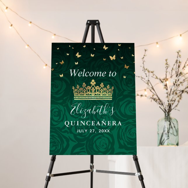 Elegant Green Rose Gold Crown Welcome Party Foam Board (In Situ (Stand))