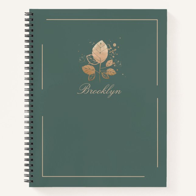 Elegant Green & Rose Gold Floral Personalized Notebook (Front)
