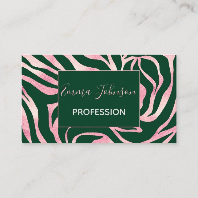 Elegant Green Rose Gold Glitter Zebra Business Card (Front)