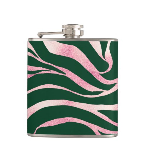 Elegant Green Rose Gold Glitter Zebra Flask