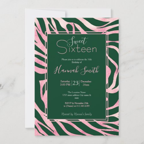 Elegant Green Rose Gold Glitter Zebra Invitation