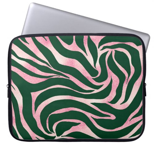 Elegant Green Rose Gold Glitter Zebra Laptop Sleeve