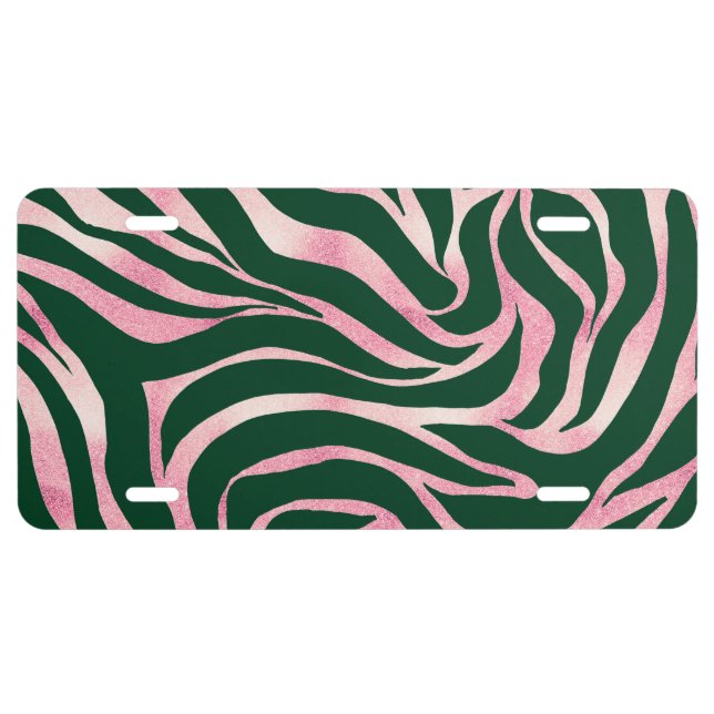 Elegant Green Rose Gold Glitter Zebra License Plate (Front)