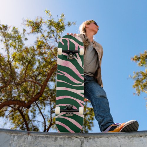 Elegant Green Rose Gold Glitter Zebra Skateboard