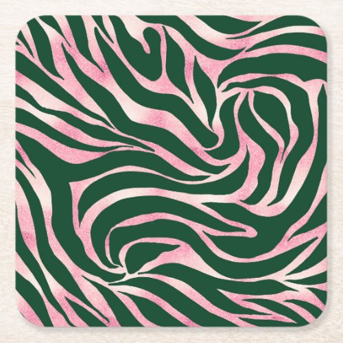 Elegant Green Rose Gold Glitter Zebra Square Paper Coaster
