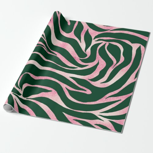 Elegant Green Rose Gold Glitter Zebra Wrapping Paper