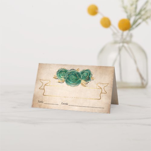 Elegant Green Rose Gold Parchment Folded Table Place Card