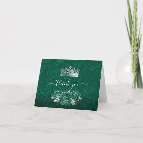 Elegant Green Rose Silver Crown Watercolor Folded Thank You Card