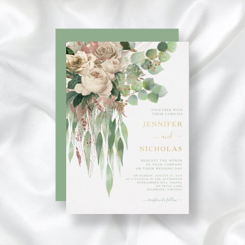 Elegant Green Roses Wedding Gold Foil  Foil Invitation