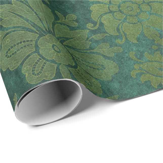Elegant green royal damask floral pattern wrapping paper (Roll Corner)