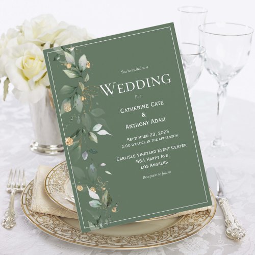 Elegant Green Rustic Eucalyptus Gold  Wedding Invitation