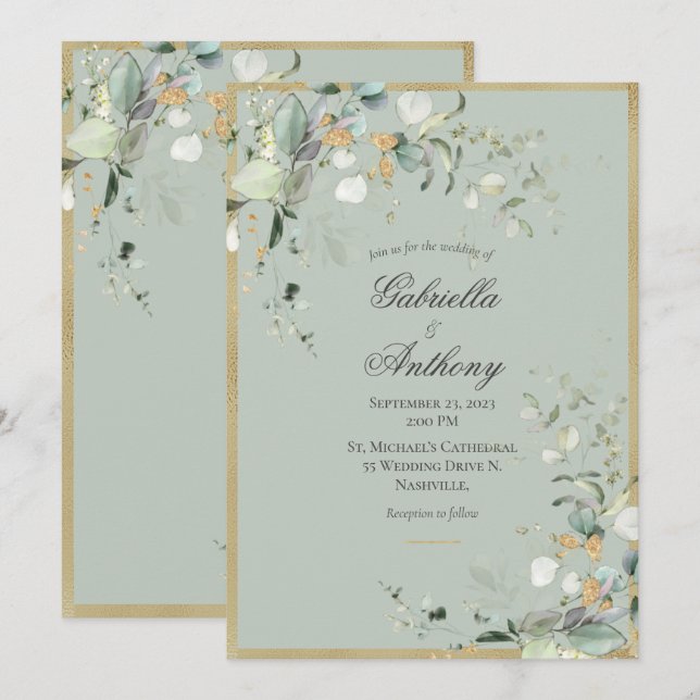 Elegant Green Rustic Leaves Greenery Gold Wedding Invitation (Front/Back)