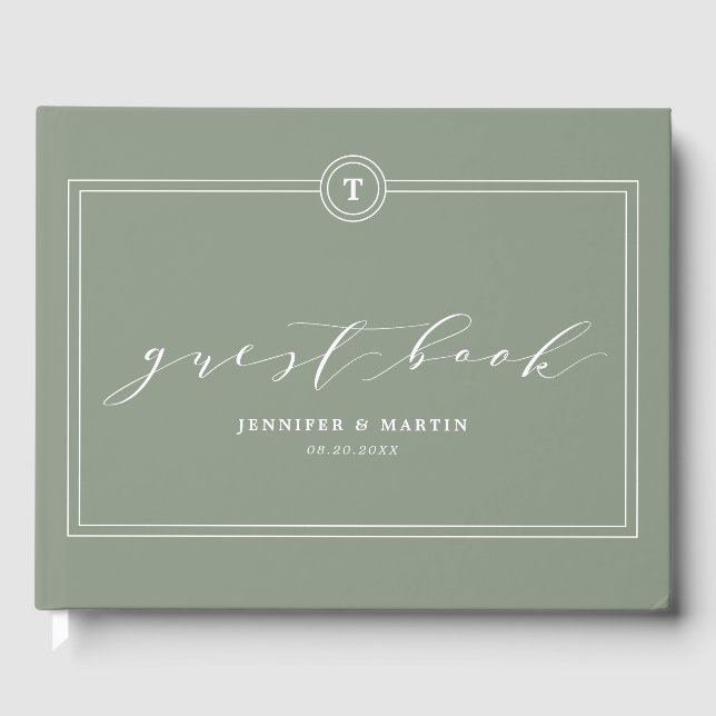 Elegant Green Sage Monogram Calligraphy Wedding Guest Book (Front)