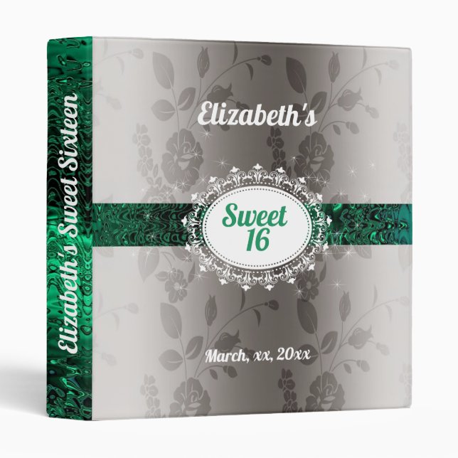 Elegant, Green Satin Silver, Sweet Sixteen Album 3 Ring Binder (Front/Spine)