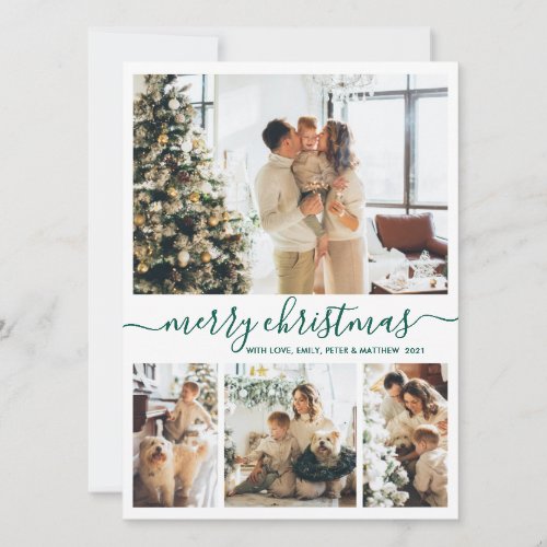 Elegant Green Script 4 Photo Collage Christmas Holiday Card