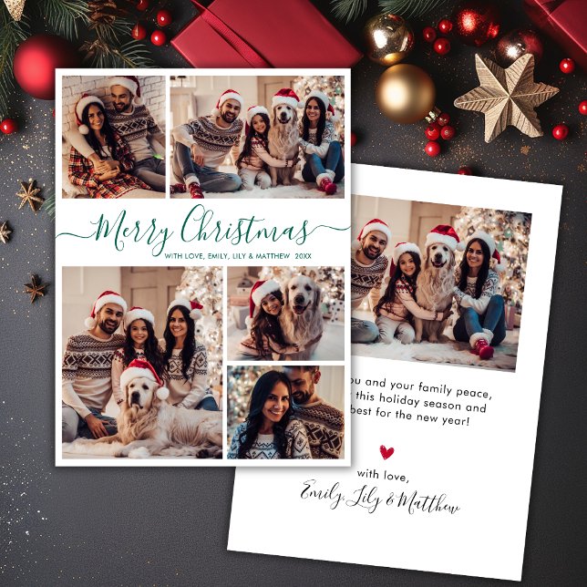 Elegant Green Script 5 Photo Collage Christmas Holiday Card (Creator Uploaded)