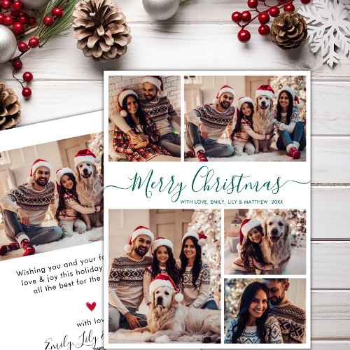 Elegant Green Script 5 Photo Collage Christmas  Holiday Card