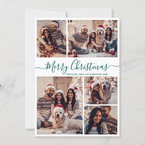 Elegant Green Script 5 Photo Collage Christmas Holiday Card