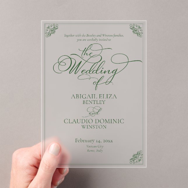 Elegant Green Script & Border Destination Wedding Acrylic Invitations (Insitu (Handheld))
