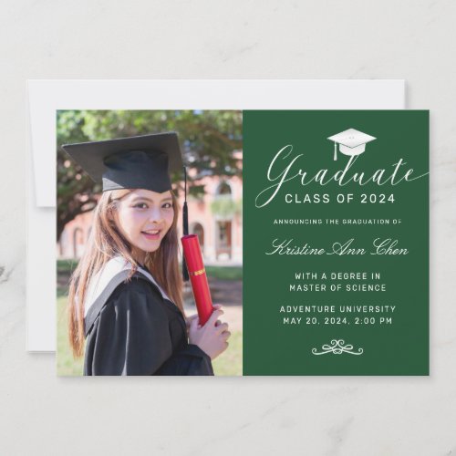 Elegant Green Script Cap Photo Graduation Announcement