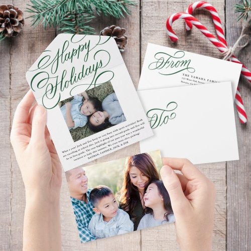 Elegant Green Script Happy Holiday Photo Card