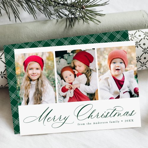 Elegant Green Script Merry Christmas 3 Photo Holiday Card