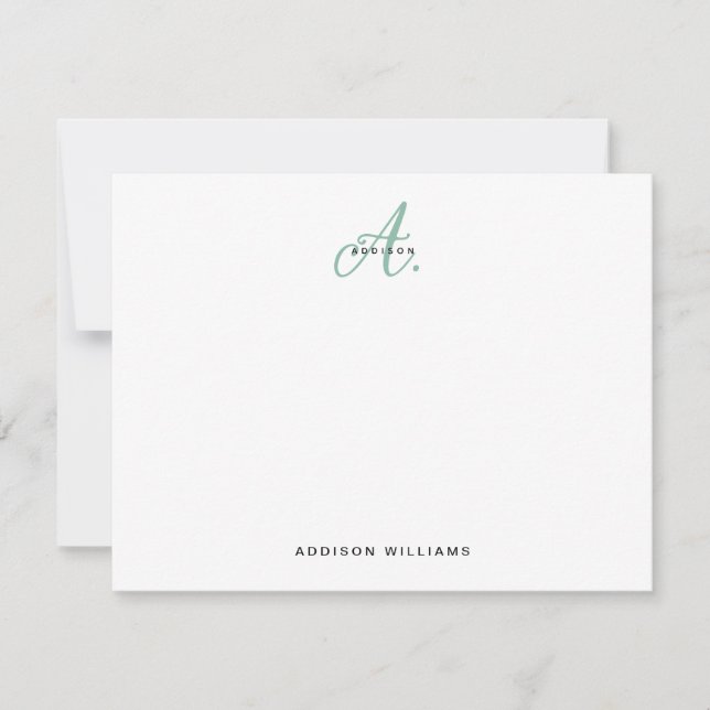 Elegant Green Script Monogram Note Card (Front)